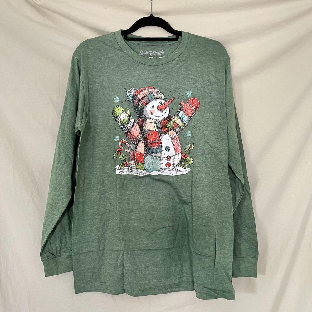 New Dark Green Happy Snowman Winter Graphic Sweatshirt Size L by Love in Faith